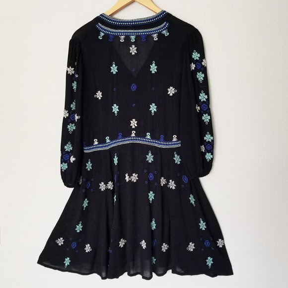FREE PEOPLE Star Gazer Embroidered Boho Mini Dress Coverup Black XS Tunic $128 - Picture 6 of 16